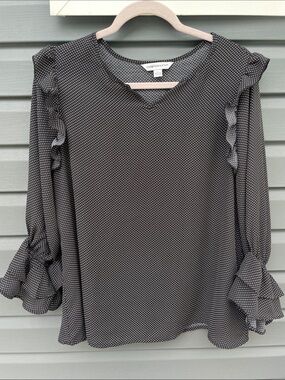 Counterparts Black Polka Dot Ruffle-Sleeve V-Neck Blouse